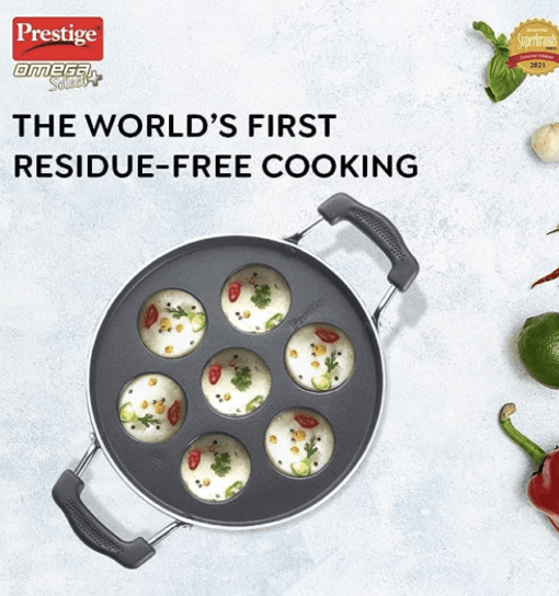 Prestige Omega Select Plus Non Stick Paniyarakkal | Glass Lid | Black | 20 cm | 7 Pits |Residue Free Coating |Metal Spoon Friendly | Ergonomic Handle - Image 2